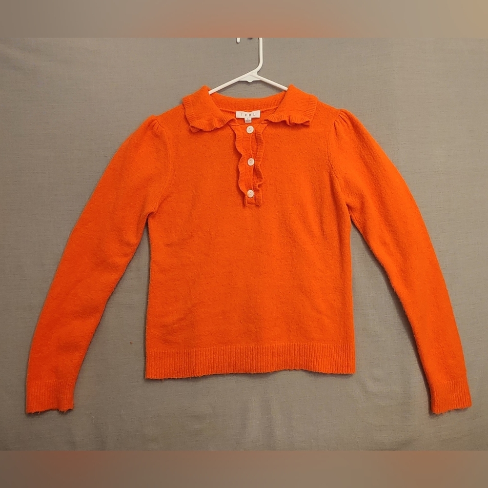 THML Orange Ruffle Collar Henley Sweater - Pumpkin Spice Edition - Women's Small